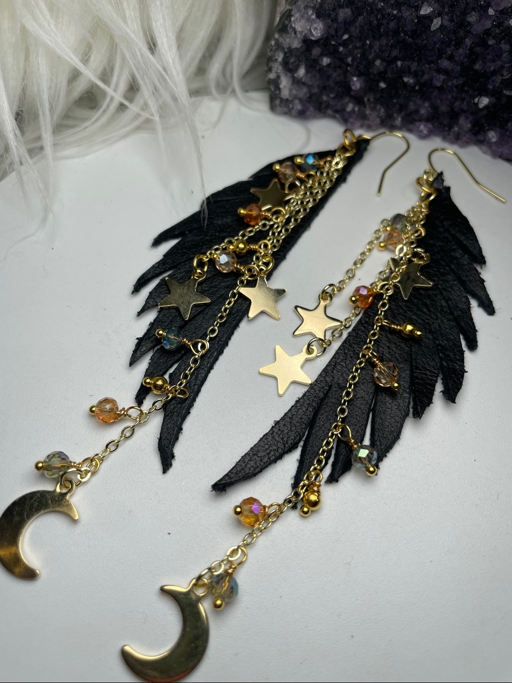 Black Leather Raven Wings & Gold Star Moon Drop Fringe Boho Earrings | Artisan - Picture 9 of 16